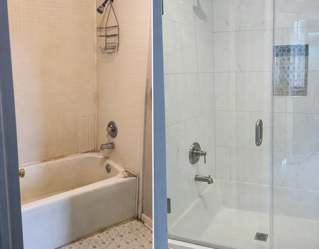 Before and after tub-to-shower conversion with tiled walls, niche, and glass enclosure