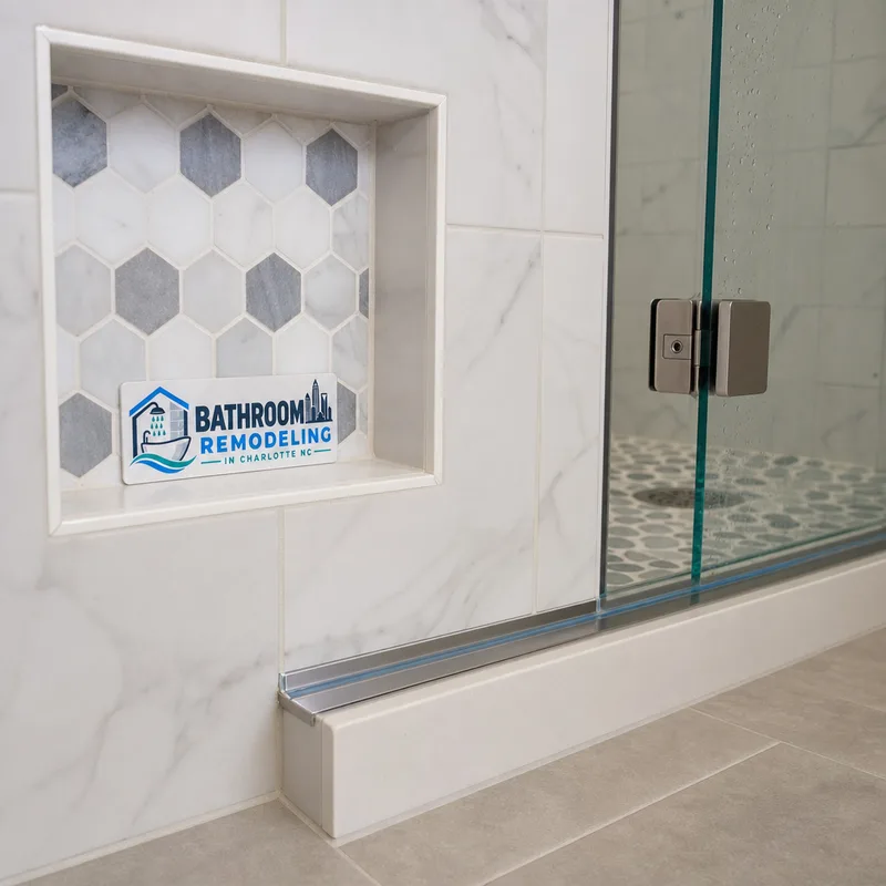 Close-up of a shower niche, precise grout lines, curb, and glass channel detail