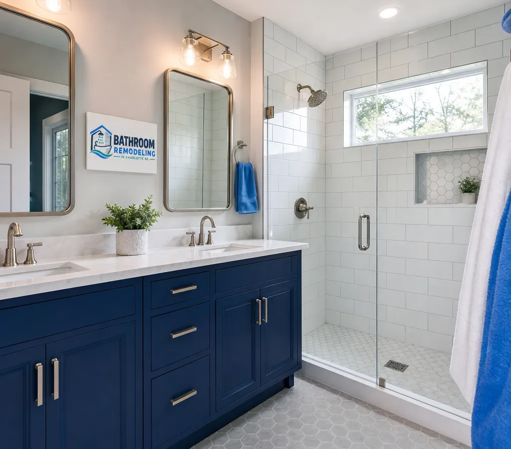 Completed Charlotte bathroom remodel with a tiled shower, glass door, modern vanity, and finished trim