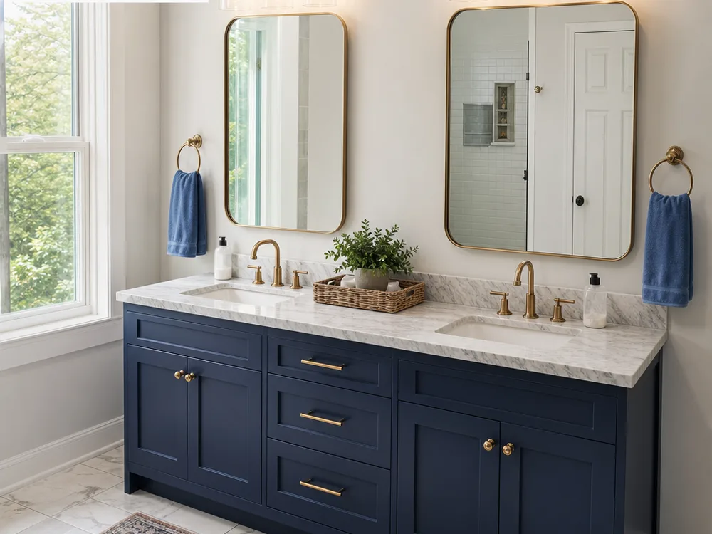 Finished bathroom with double vanity, updated mirrors, lighting, and coordinated hardware