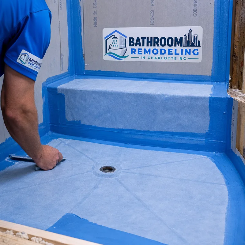 Properly waterproofed shower assembly with sealed membrane seams and sloped shower pan