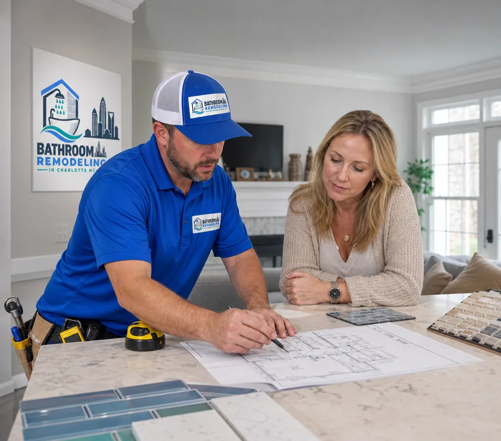 Charlotte contractor reviewing renovation plans and material samples with a homeowner