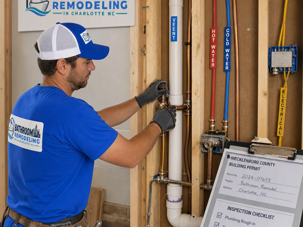 Remodel in progress with labeled plumbing and electrical rough-ins, permit card, and inspection checklist
