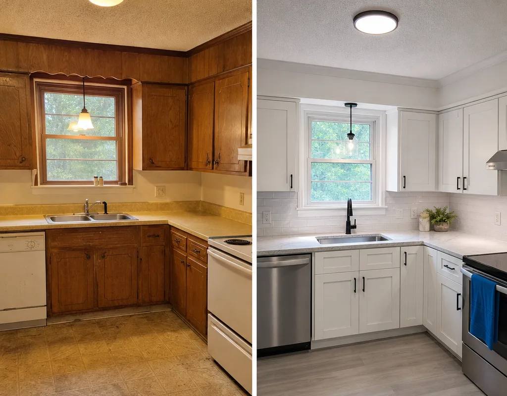 Before and after comparison of a Charlotte kitchen with updated cabinets, counters, and lighting