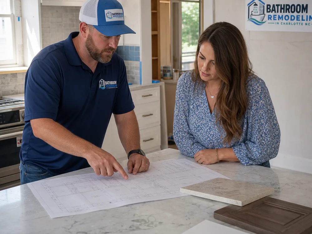 Contractor and homeowner reviewing a kitchen layout with cabinet and countertop samples