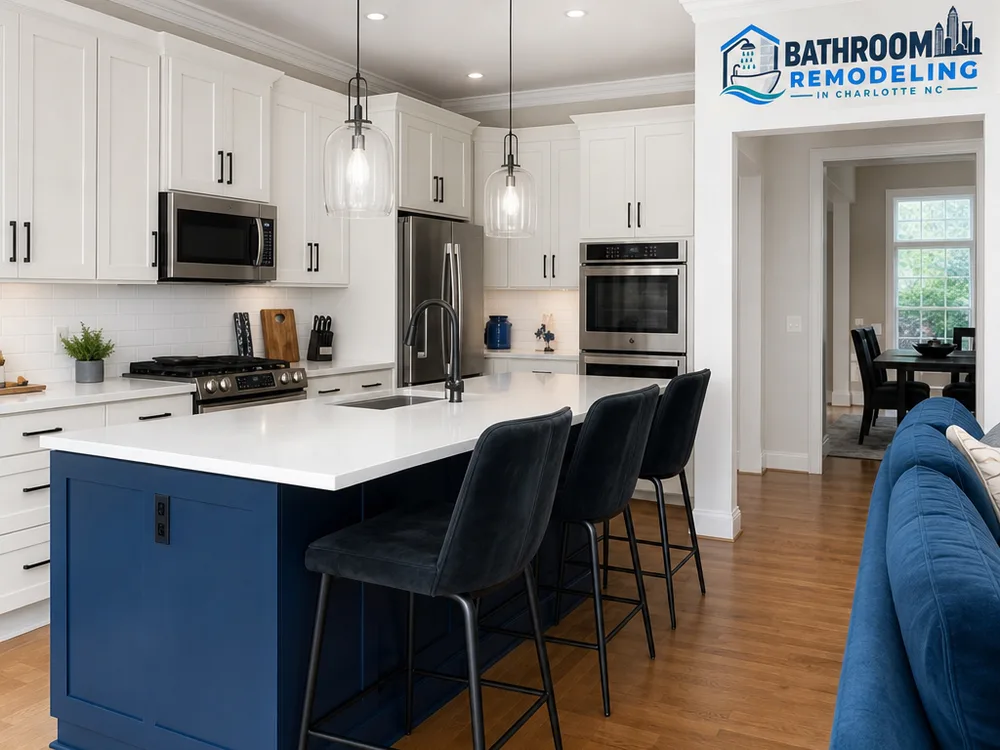 Finished kitchen with island, pendant lights, consistent cabinet reveals, and clear appliance walk paths