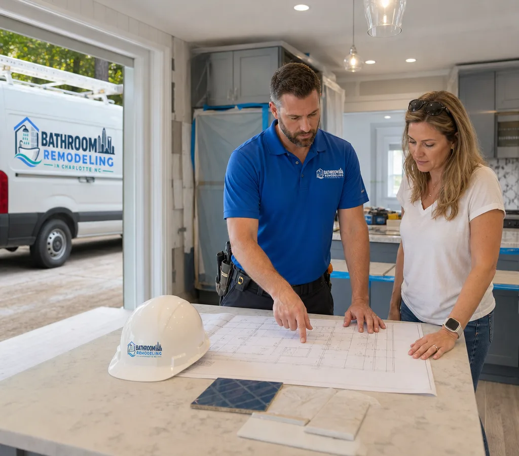 Charlotte contractor reviewing remodeling plans with a homeowner inside a partially renovated home