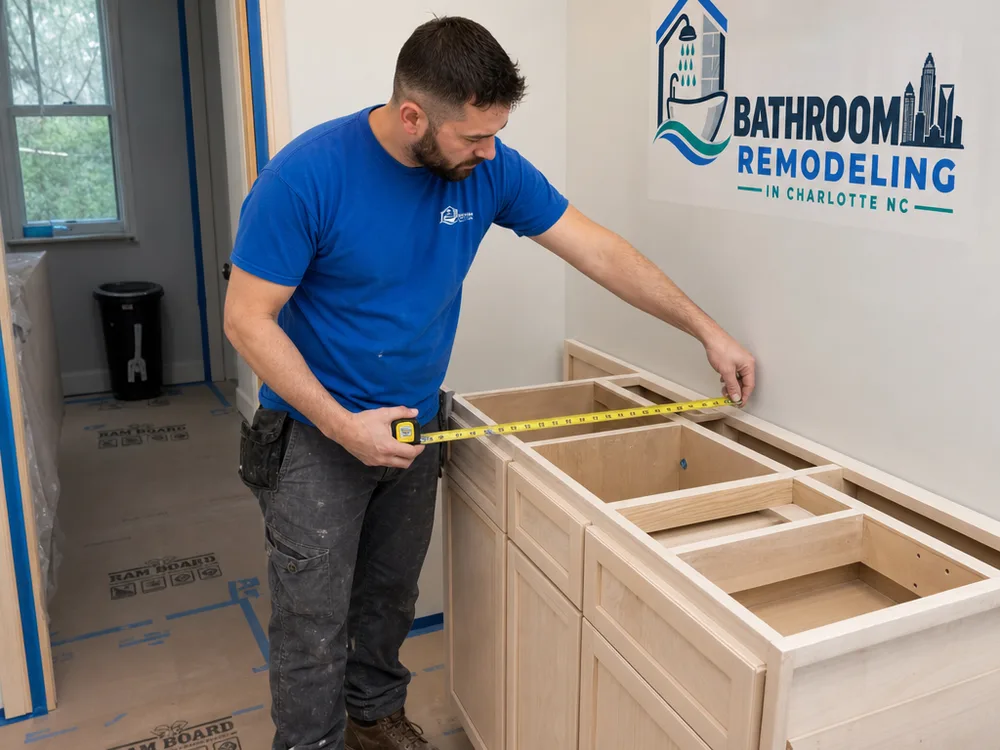 Protected remodeling workspace where a contractor measures for new cabinetry and built-ins