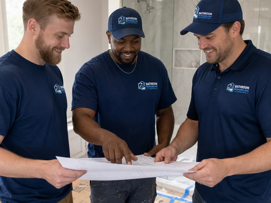 Remodeling crew reviewing bathroom plans and measurements in a protected Charlotte home