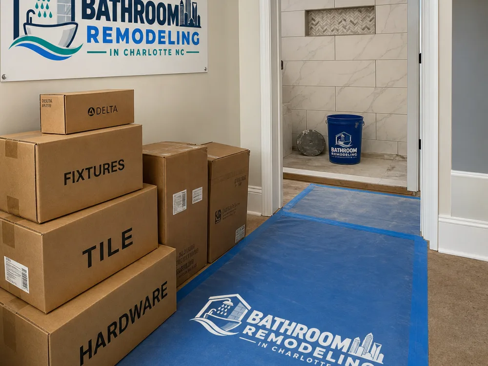 Clean remodeling jobsite with labeled fixture, tile, and hardware boxes and protected flooring